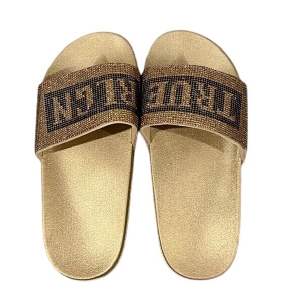 True Religion Gold Rhinestone Slide Sandals Womens Size 9 - Picture 2 of 10